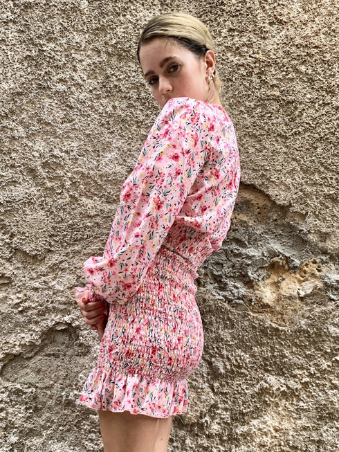 Abito fantasia floreale arricciato con scollo profondo