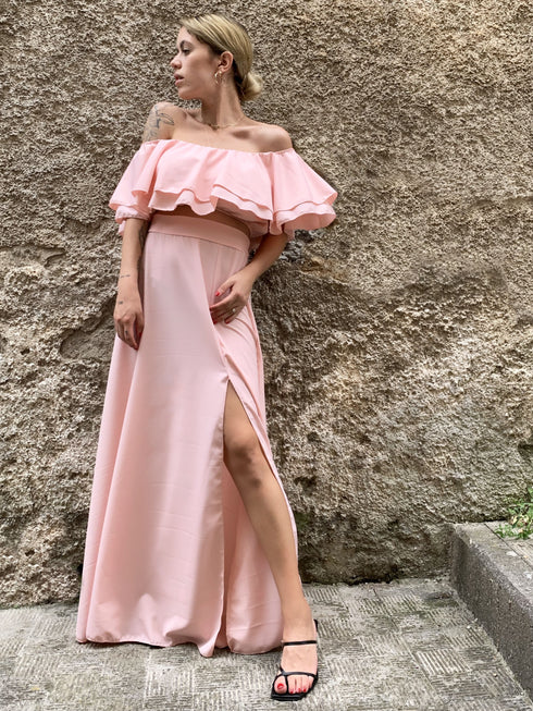 Coordinato con top drappeggiato e gonna midi in raso