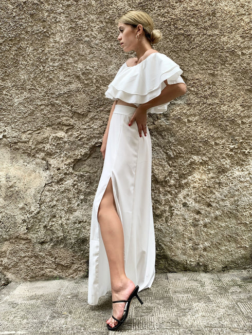 Coordinato con top drappeggiato e gonna midi in raso