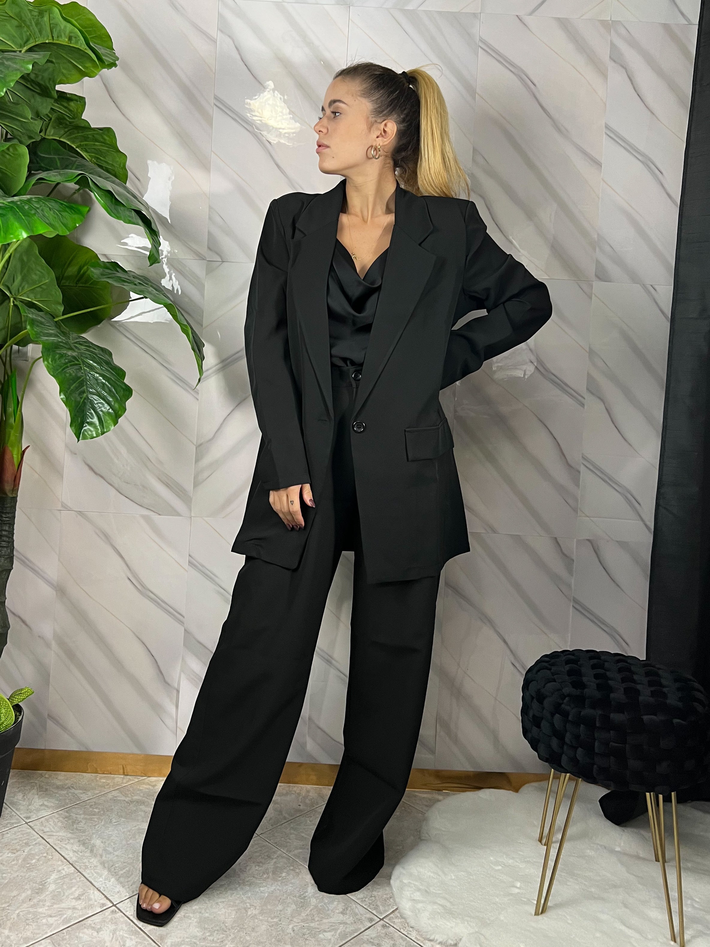 Donna Giacca Corta Tailleur Con Pantaloni A Palazzo Pantaloni